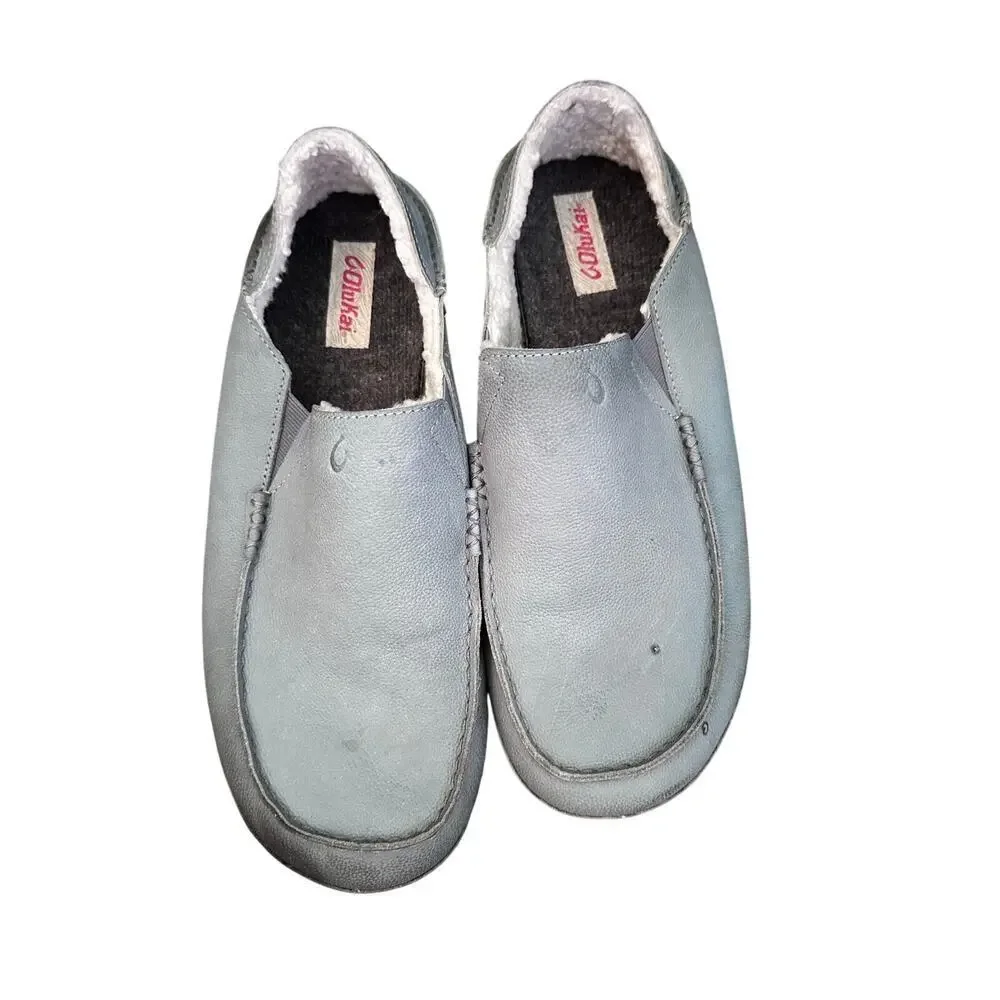 Olukai Men's Gray Genuine Leather Shearling Moloa Slippers Loafer Shoes Size 14
